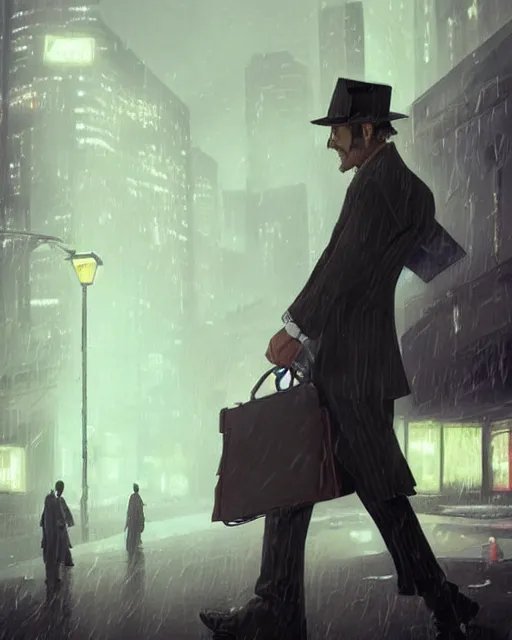 Image similar to a mysterious rugged man in a pinstripe suit holding a pistol in one hand and a briefcase in the other. Raining, street lamps, stormy, atmospheric lighting, mysterious, gloomy. By Makoto Shinkai, Stanley Artgerm Lau, WLOP, Rossdraws, James Jean, Andrei Riabovitchev, Marc Simonetti, krenz cushart, Sakimichan, D&D trending on ArtStation, digital art.