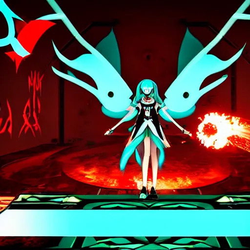 Image similar to Hatsune miku killing demons in the doom 2016 universe, ultra detailed, epic composition, game screenshot, epic light, hell