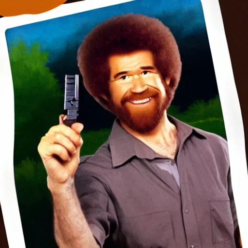 Image similar to Bob Ross holding a pistol pointed at you