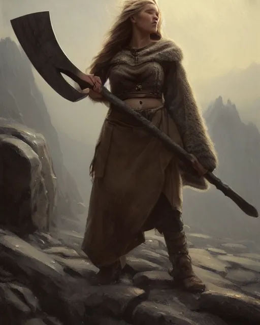 Image similar to cinematic shot epic portrait an female viking holding an stone axe, winter backround, cloudy, dust, shiny skin, beautiful, fine details. night setting. realistic shaded lighting poster by craig mullism, artgerm, jeremy lipkin and michael garmash, unreal engine, radiant light, detailed and intricate environment, digital art, trending on art station,