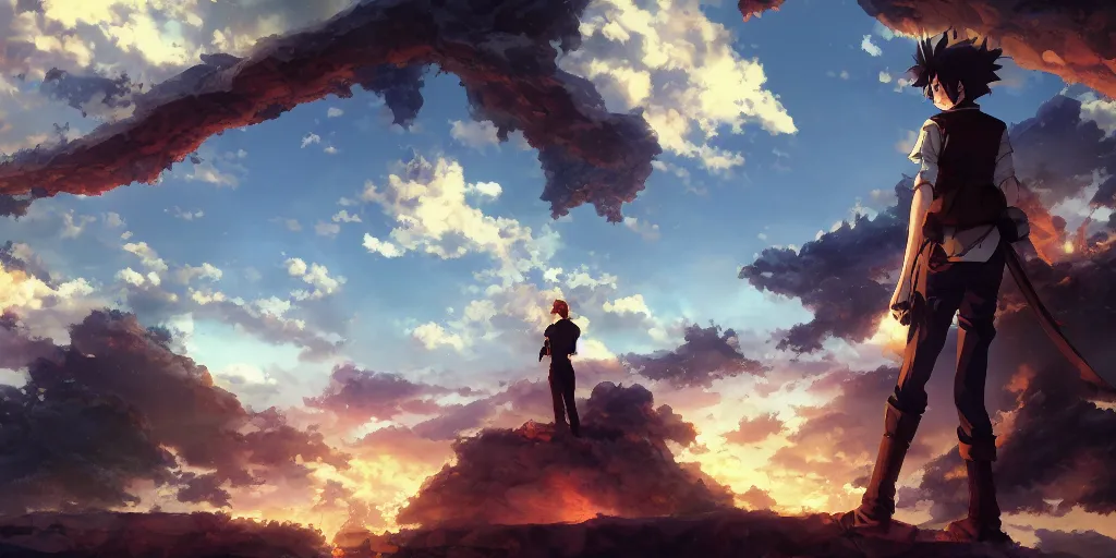 Image similar to isekai masterpiece anime man standing tree log looking up at giant crystals, high noon, cinematic, very warm colors, intense shadows, ominous clouds, anime illustration, anime screenshot composite background by mandy jurgens, by irina french, by rachel walpole, by alyn spiller