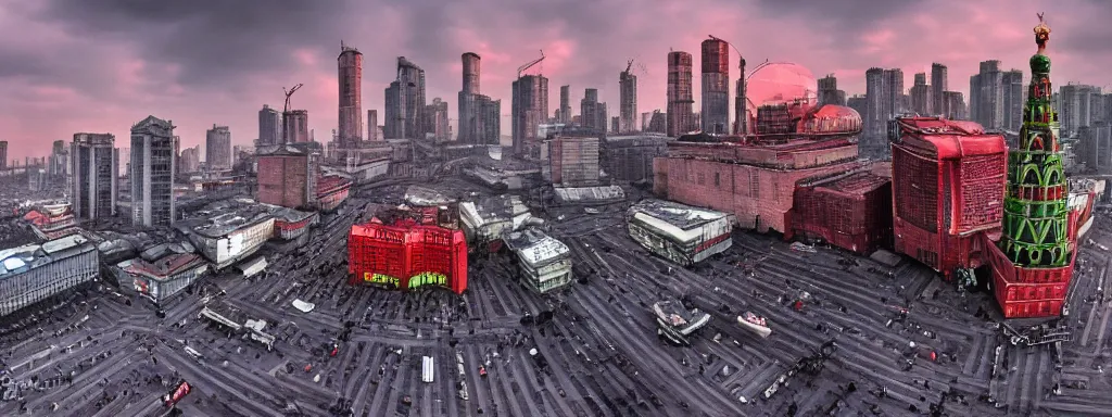 Prompt: alien predator attacks moscow red square. extreme long shot. cyberpunk