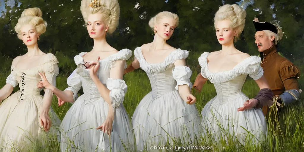 Prompt: three beautiful scandinavian attractive glamour models as marie antoinette wearing 1 7 th century french off - the - shoulder neckline bodice walking in a field of grass, jodhpurs greg manchess painting by sargent and leyendecker, studio ghibli fantasy close - up shot asymmetrical intricate elegant matte painting illustration hearthstone, by greg rutkowski by greg tocchini by james gilleard