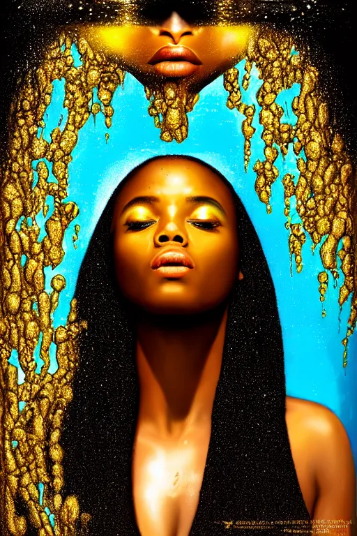 Image similar to hyperrealistic post - futurist cinematic very expressive! profile black oshun goddess, in water!! up to shoulders, mirror dripping droplet!, gold flowers, highly detailed face, digital art masterpiece, smooth eric zener cam de leon, dynamic pearlescent turquoise light, low angle uhd 8 k, sharp focus