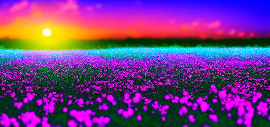 Image similar to an impossible field of beautiful neon colored flowers with a beautiful sunset, vaporwave