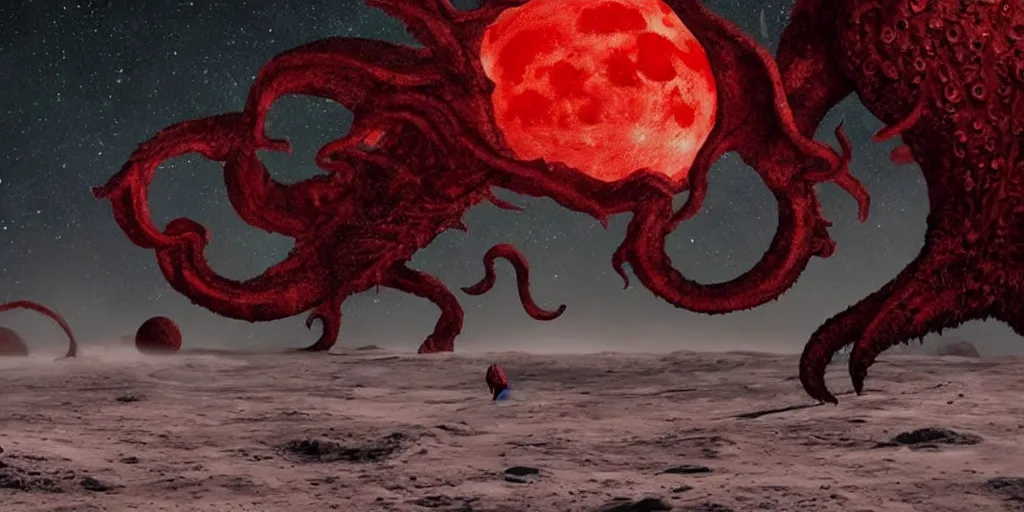 Prompt: giant <Cthulhu> silhouetted on lunar surface attacking <red spaceship>, photorealistic, wide-angle, long shot, epic, space, lunar backdrop