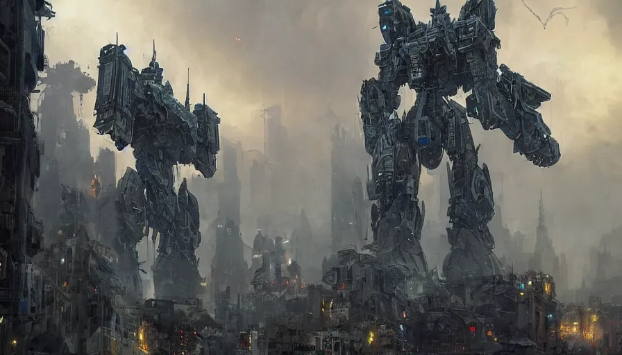 Image similar to imposing mech destroying the city, very detailed and intricate costume design, inspired by transformers movies, elite, ornate, dark hazy environment, ambient lighting, cinematic, epic, by craig mullins