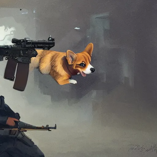 Image similar to a corgi shooting an ak 4 7 geog darrow greg rutkowski