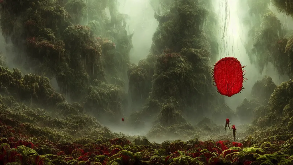 Prompt: dramatic Photorealistic dramatic Landscape Matte painting,Looking through deep inside an Alien planets dense red forest,a lone astronaut in a white spacesuit with lights is exploring hundreds of tall gigantic monster carnivorous Red Venus Flytrap plants with razor sharp teeth and glowing bulbs,translucent wet and slimy plant life by Greg Rutkowski,Craig Mullins,Fenghua Zhong,a misty haze,Beautiful dramatic moody nighttime lighting,Cinematic Atmosphere, Volumetric Lighting,Terragen,Octane Render,8k