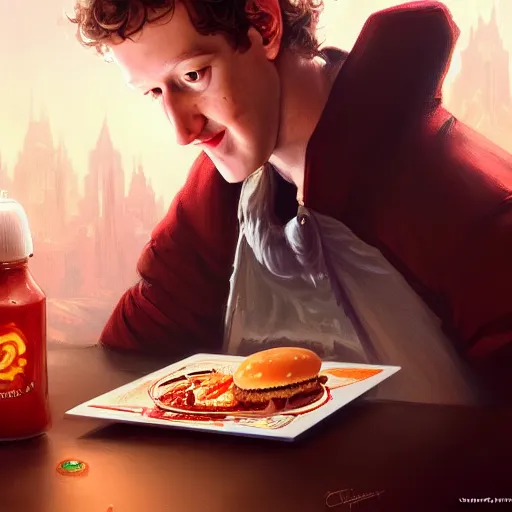 Image similar to Mark Zuckerberg eating big macs, dripping BBQ Sauce, serving happy meals, D&D, spilling ketchup, fantasy, intricate, elegant, highly detailed, digital painting, artstation, concept art, matte, sharp focus, illustration, hearthstone, art by Artgerm and Greg Rutkowski and Alphonse Mucha