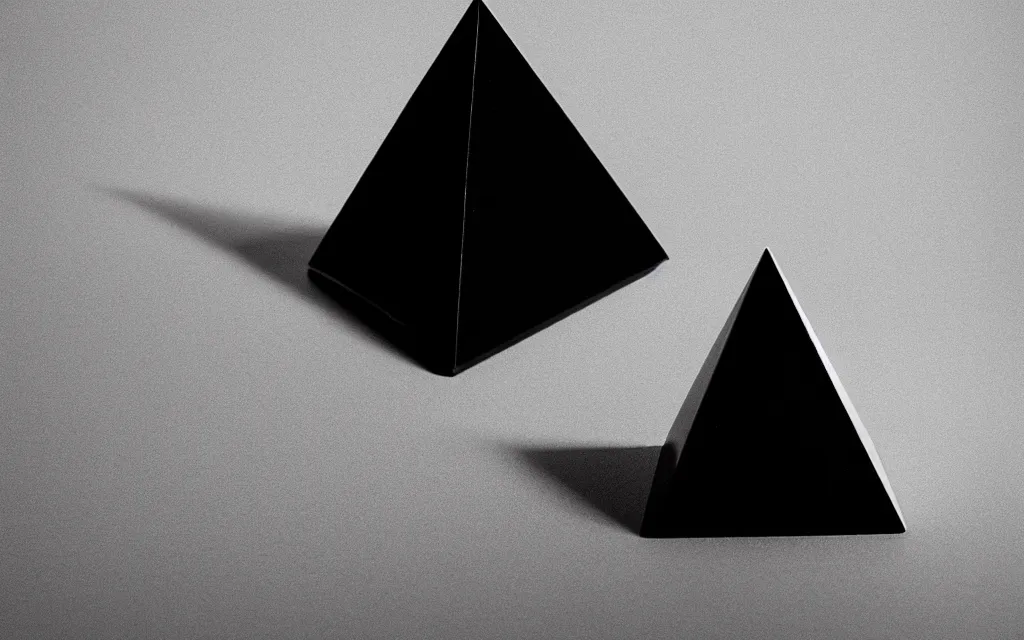 Prompt: one black sphere | one black cube | one black pyramid, on a white background