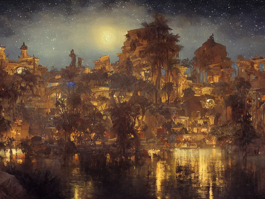 Prompt: a beautiful painting of the view from the river of the lantern festival in a an ancient egyptian city, at night with a sky full of stars, intricate, elegant, highly detailed, digital painting, artstation, concept art, by krenz cushart and artem demura and alphonse mucha