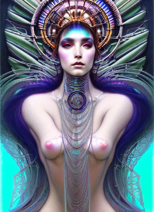 Image similar to hyperrealistic detailed portrait of a beautiful goddess in an iridescent cyber headdress, intricate cyberpunk make - up, art by android jones, john william godward, nekro borja, alphonso mucha, h. r. giger, ornamental gothic - cyberpunk,