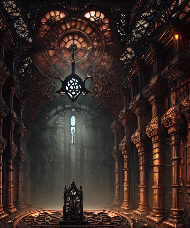 Image similar to steam necropolis, memento mori, gothic, neo - gothic, art nouveau, hyperdetailed copper patina medieval icon, stefan morrell, philippe druillet, ralph mcquarrie, concept art, steampunk, unreal engine, detailed intricate environment, octane render, moody atmospherics, volumetric lighting, ultrasharp, ominous, otherworldly