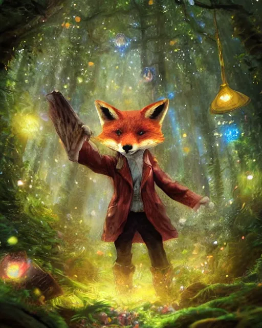 Image similar to Fox playing music in magical forest, portrait, wearing hat, magical notes, fairy atmosphere, magic the gathering artwork, D&D, fantasy, cinematic lighting, centered, symmetrical, highly detailed, digital painting, artstation, concept art, smooth, sharp focus, illustration, volumetric lighting, epic Composition, 8k, art by Akihiko Yoshida and Greg Rutkowski and Craig Mullins, oil painting, cgsociety