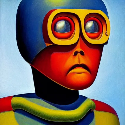 Image similar to super - intelligent robot with kind eyes portrait, grant wood, pj crook, edward hopper, oil on canvas