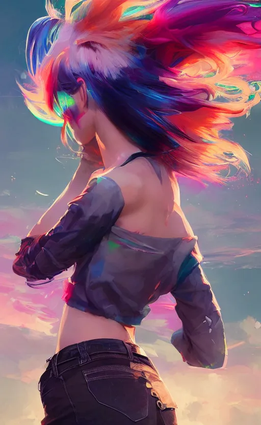 Image similar to a kawaii woman with rainbow hair dancing, kawaii shirt and jeans, In style of Yoji Shinkawa, wojtek fus, by Jordan Grimmer and greg rutkowski, concept art, highly detailed