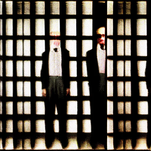 Prompt: stereoscopic image of gilbert and george being possessed by the ghost of alan turing, chromatic aberration, noise, butcher billy style