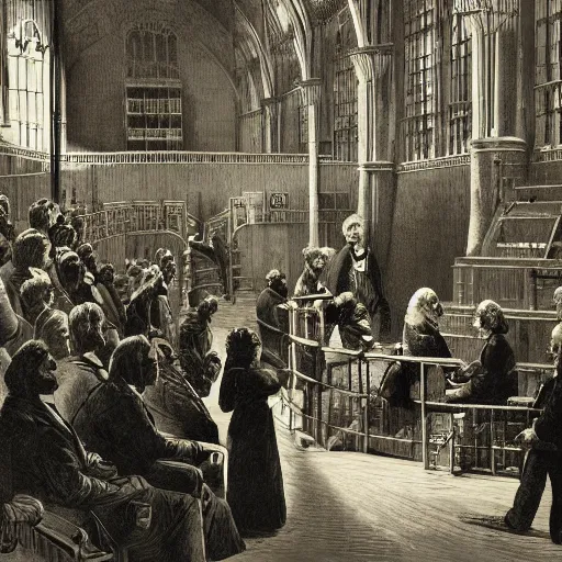 Prompt: victorian scientists sir richard owen and thomas henry huxley at oxford natural history museum 1 8 6 0 debate, high detail, realistic,