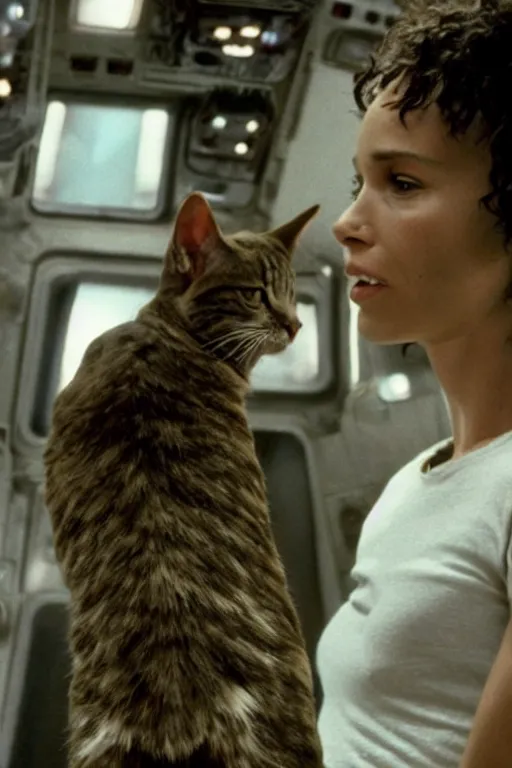 Prompt: Zoe Kravitz as Ellen Ripley with a cat in a spaceship in Alien (1979)