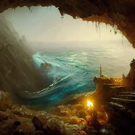 Prompt: an eerie whirlpool, seen from above, in a cave matte painting, fantasy art, by greg rutkowski, by andreas achenbach,