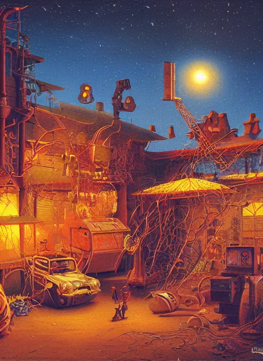 Prompt: sparse toy warehouse at night. vintage shapes, retro technology, happy colors dariusz zawadzki, tim hildebrandt, wayne barlow, bruce pennington, larry elmore, oil on canvas, deep depth field, masterpiece, cinematic composition, hyperdetailed