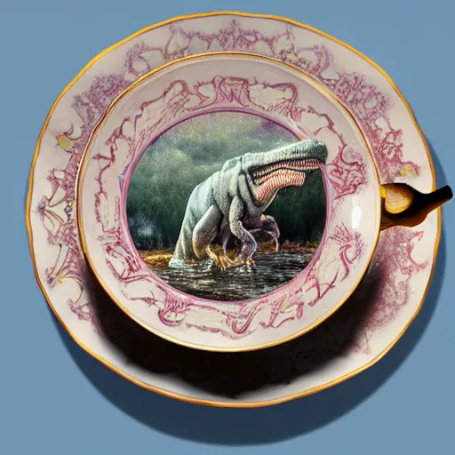 Prompt: long shot of tyrannosaurus rex sitting in a romantique tea cup, by esao andrews, by m. w. kaluta, harmonic composition, volumetric light, fresh colors, humorous oil painting, realistic reflections, smooth, concept art, depth perception, high depth of field, 4 k, unreal engine 5, ultradetailed, hyperrealistic, trending on artstation