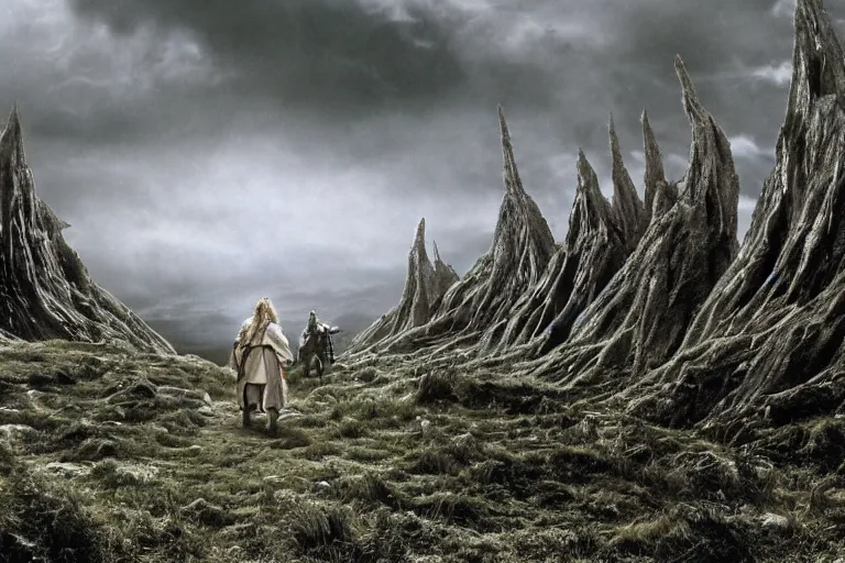 Image similar to movie still from the lord of the rings directed by ridley scott, landscape, the shire in the style of h. r. giger, grey sky overhead, metallic hobbit holes