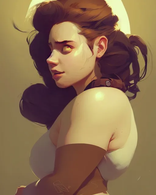 Image similar to hyper - realistic portrait of beautiful female readhead curvy hair adventurer by atey ghailan, by greg rutkowski, by greg tocchini, by james gilleard, by joe fenton, by kaethe butcher, dynamic lighting, gradient light yellow, brown, blonde cream and white color scheme, grunge aesthetic