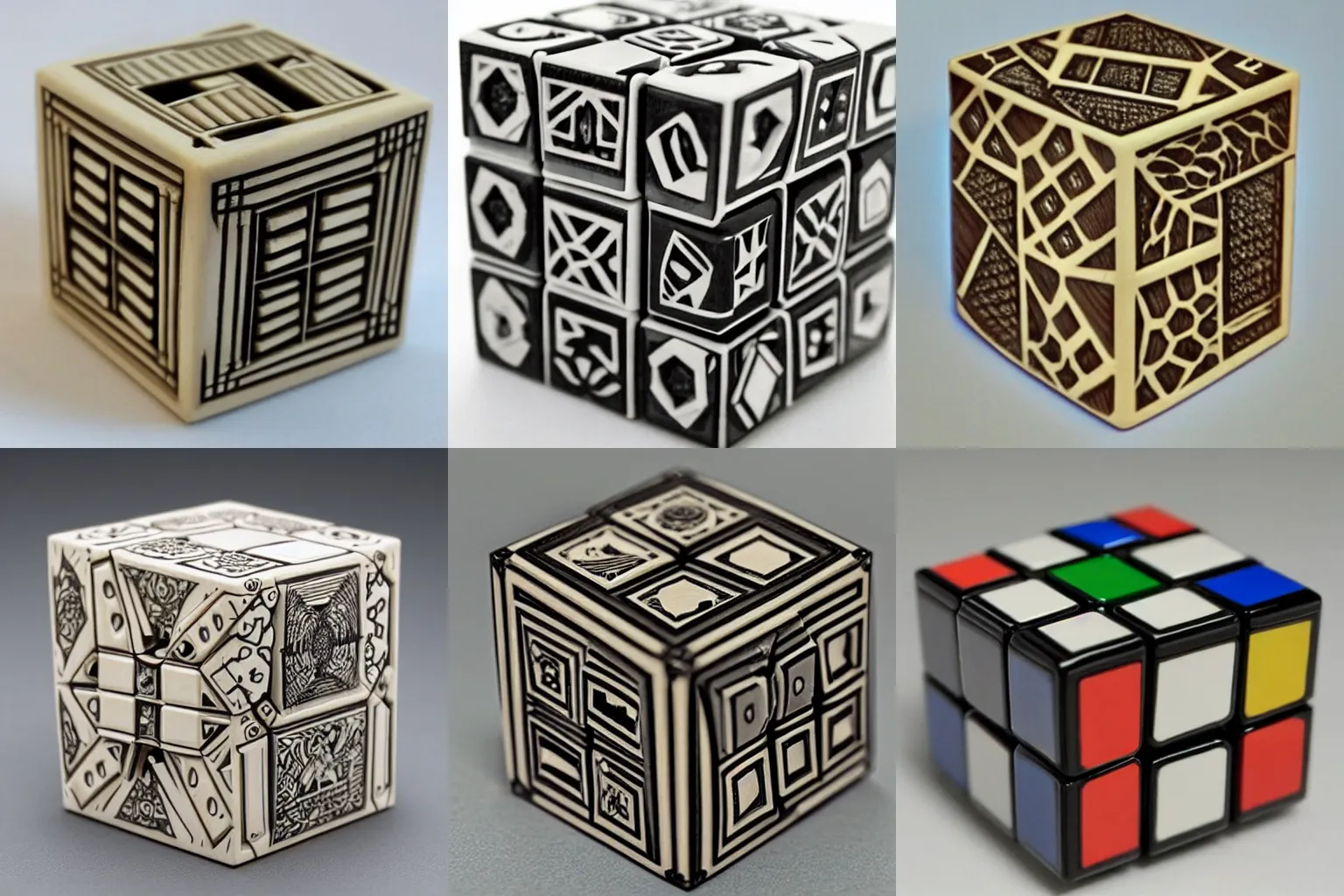 Prompt: a Rubik's Cube hand carved from ivory with intricate etching on each face