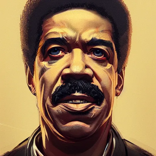 Prompt: closeup portrait of richard pryor, dramatic lighting, city background, chiaroscuro, high detail, painted by greg rutkowski, trending on artstation