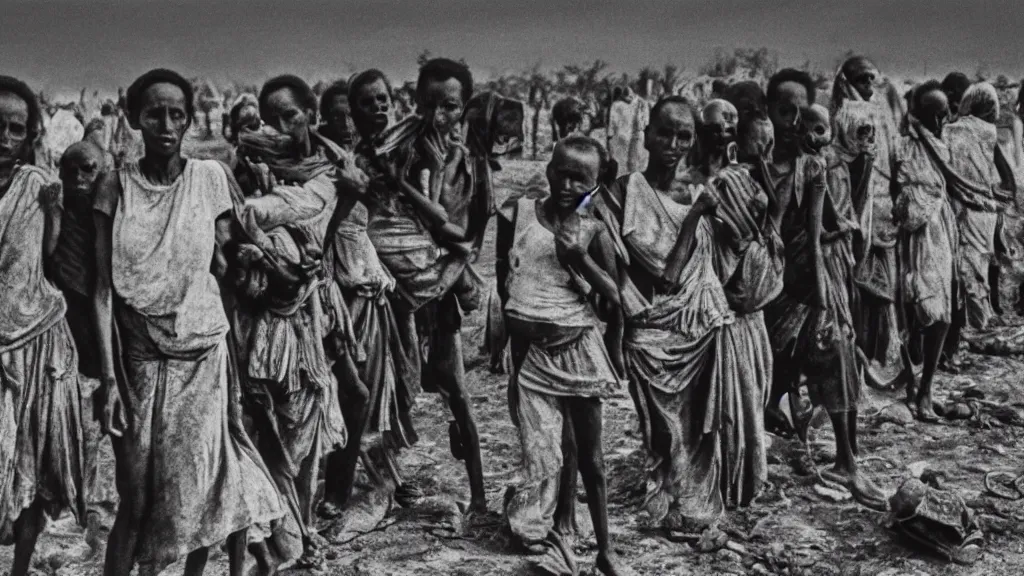 Prompt: 1 9 8 4 ethiopian famine and drought, dark, moody, in the cover of time magazine, 8 k