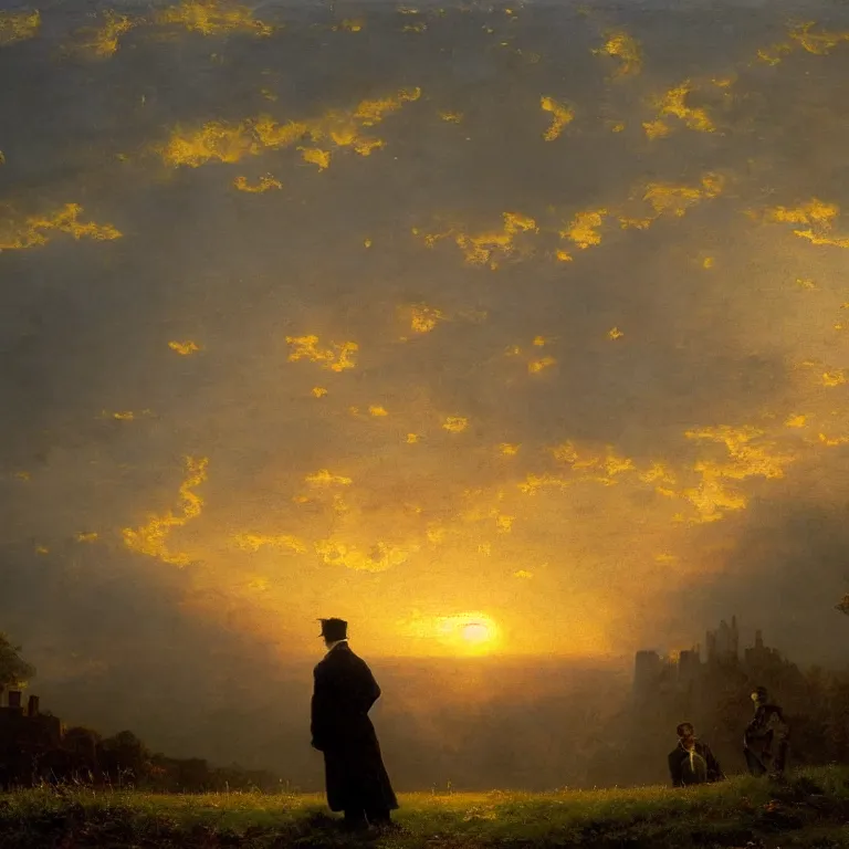 Prompt: romantic painting, wide shot of a lone gentleman in 1 9 th century clothing watching an enormous television screen playing a football game in front of a shocking sunrise, highly detailed, sublime, hyperrealistic, painted by caspar david friedrich and albert bierstadt, trending on artstation 8 k