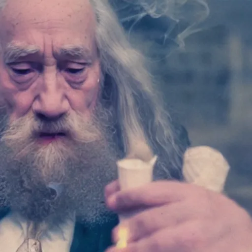 Prompt: A cinematic shot of a really high Dumbledore smoking the dankest weed knowing to mankind