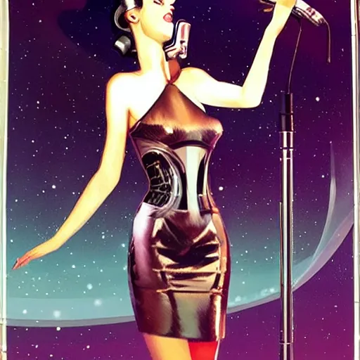 Prompt: a sultry female android singing jazz in a sci-fi club, art deco style, Peter Elson style