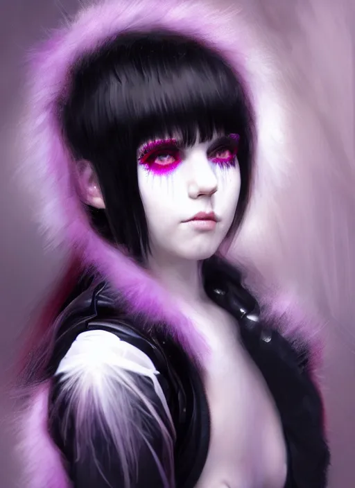 Image similar to whitebangs, black hair, black cyberlox, portrait of normal teenage girl, normal face, white bangs, fluffy bangs, cyberlox, whitebangs, red contact lenses, purple background, intricate, elegant, highly detailed, digital painting, artstation, concept art, sharp focus, smooth, illustration, art by wlop, mars ravelo and greg rutkowski