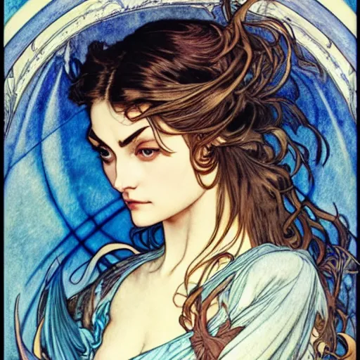 Prompt: in the style of artgerm, arthur rackham, alphonse mucha, phoebe tonkin, symmetrical eyes, symmetrical face, flowing blue skirt, hair blowing, intricate filagree, hidden hands, warm colors, cool offset colors