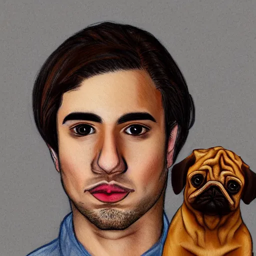 Prompt: self portrait, young white hispanic handsome man with short light brown hair and light skin and a 5 o clock shadow, holding a pug for a picture, pencil art, added detail, high definiton, colored, backfacing, illustrated