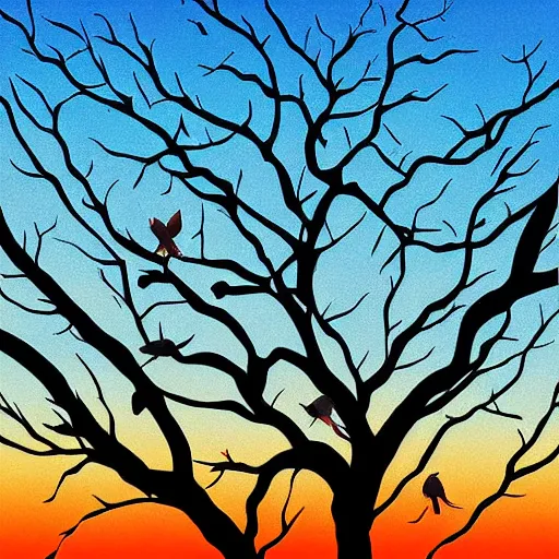 Image similar to birds on cherry tree, Changelingcore, serene, graceful, sunset photo at golden hour, Kodachrome, digital painting