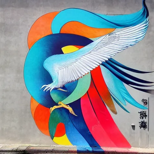 Prompt: A beautiful street art of a large, colorful bird with a long, sweeping tail. The bird is surrounded by swirling lines and geometric shapes in a variety of colors axonometric by Miho Hirano opulent, mournful