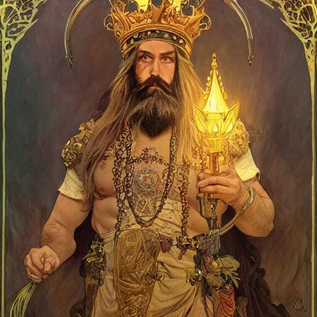 Image similar to an aesthetic! a detailed portrait of a man in a long beard, with a crown, holding a lantern with piles of gold in the background, by frank frazetta and alphonse mucha, oil on canvas, art nouveau dungeons and dragons fantasy art, hd, god rays, ray tracing, crisp contour lines, huhd