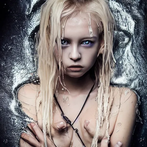 Image similar to A gorgeous blonde, grungy, unkept hair, glowing eyes, modelsociety, wet from rain, radiant skin, huge anime eyes, bright on black, dramatic, studio lighting, perfect face, intricate, Sony a7R IV, symmetric balance, polarizing filter, Photolab, Lightroom, 4K, Dolby Vision, Photography Award