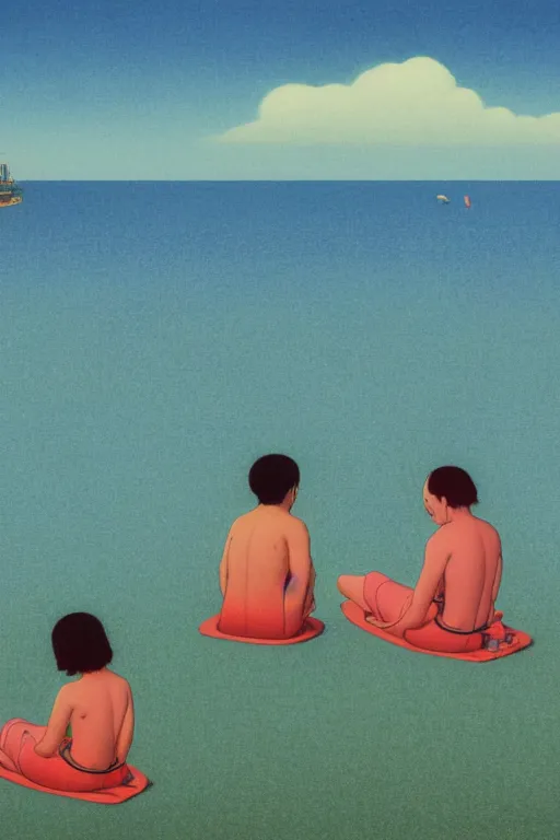 Image similar to a colorful nostalgic closeup portrait of two people floating on the beach, by kawase hasui, moebius, Edward Hopper and James Gilleard, Zdzislaw Beksinski, Steven Outram colorful flat surreal design, hd, 8k, artstation