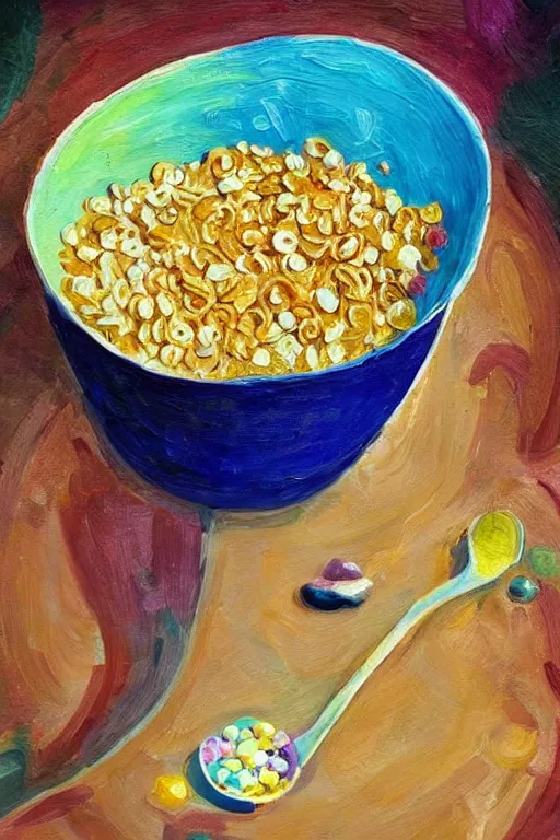 Prompt: painting of biblically accurate bowl of cereal, beautiful composition, amazing details, abstract