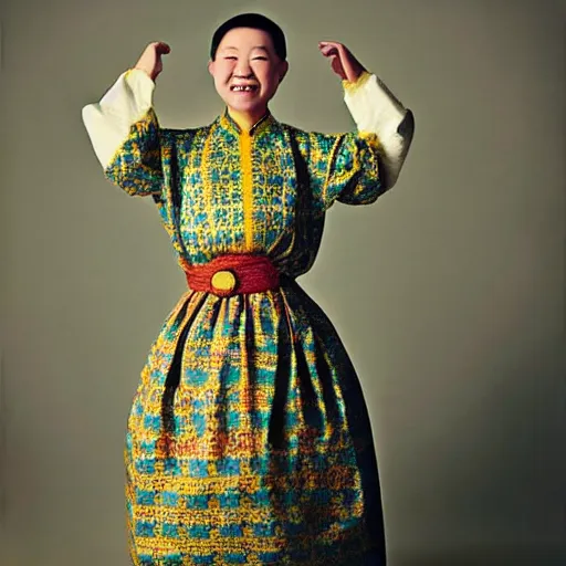 Prompt: surreal photography of smiling kim chen in. kim chen in is wearing traditional - ukrainian folk shirt designed by taras shevchenko.