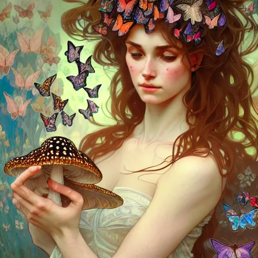 Prompt: Portrait of a girl surrounded by butterflies and mushrooms, face, fantasy, intricate, elegant, highly detailed, digital painting, artstation, concept art, smooth, sharp focus, illustration, art by Fernanda Suarez and Artem Demura and alphonse mucha