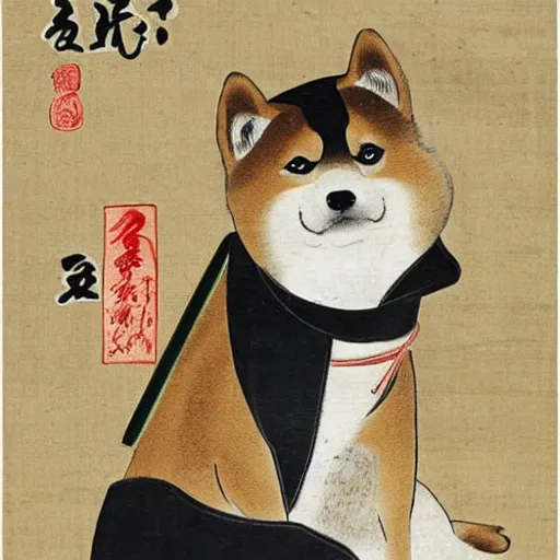 Image similar to shiba inu ninja on a birthday card, highly detailed, 1 8 th century japanese painting,