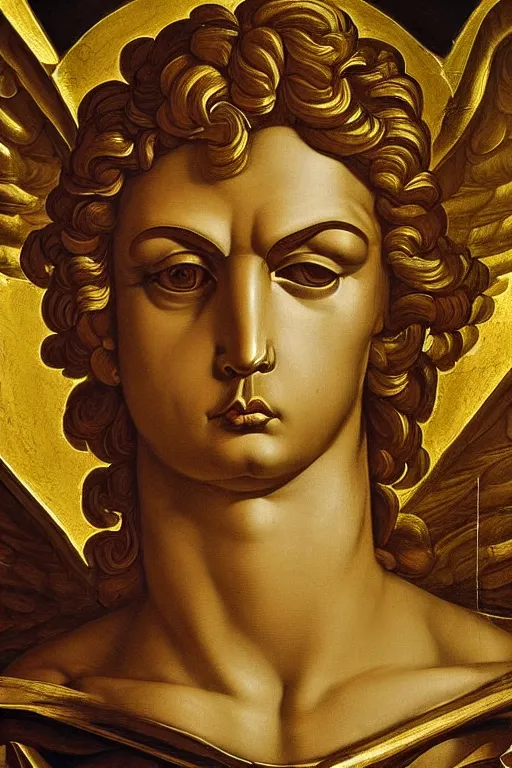 Image similar to archangel Michael, angry face, closeup, ultra detailed, made in gold, Guido Reni style