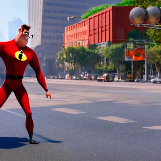 Image similar to film still of mr incredible directing traffic in the the incredibles movie, high detail shot, smoking, render, cgsociety, photorealism