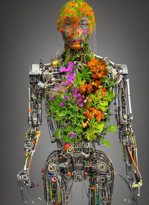 Prompt: a hybrid humanoid cyborg built with cybernetic material and wood, herbs and multicolored flowers, hyperspectral imaging, multispectral imaging, perspective, colorful, spectral color, refractive